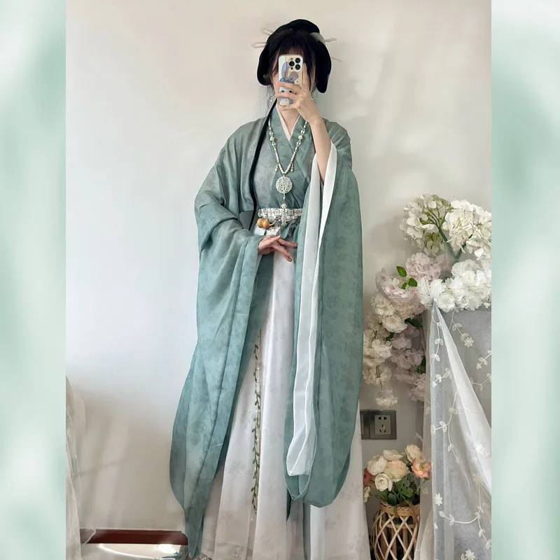 Hanfu estilo wei jin para mulheres, gola larga, manga larga, comprimento da cintura multicamadas, dinastias do norte e do sul, original legal, adulto