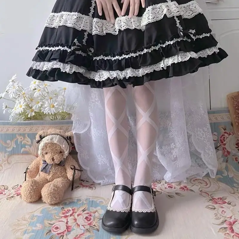 195E النساء لوليتا رقيقة حريري جوارب طويلة اليابانية القوطية أنيمي وهمية ل الصليب ضمادة الملاك الجناح منقوشة تأثيري الجوارب #3