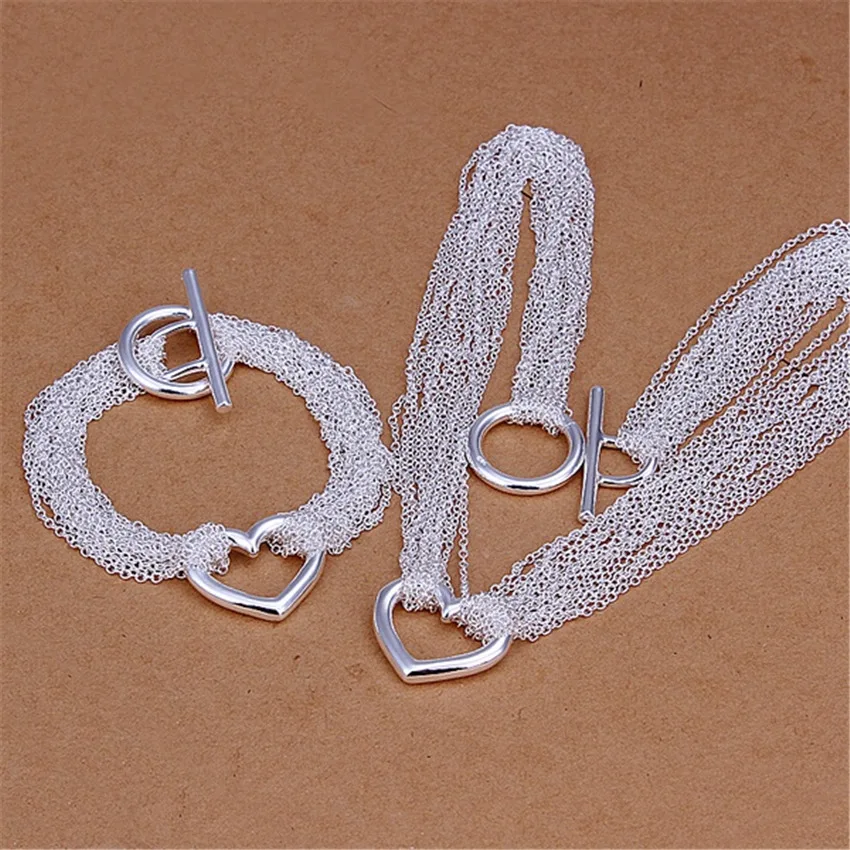 New 925 sterling Silver romantic charms Tassel Heart bracelets neckalce jewelry sets for women Fashion Party wedding gifts