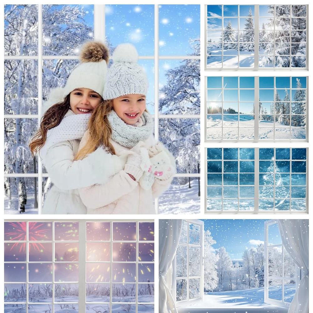 

Winter Window Photography Background Christmas Forest Snow Pine Tree Family Child Christmas Holiday Decor Backdrop Photo Studio