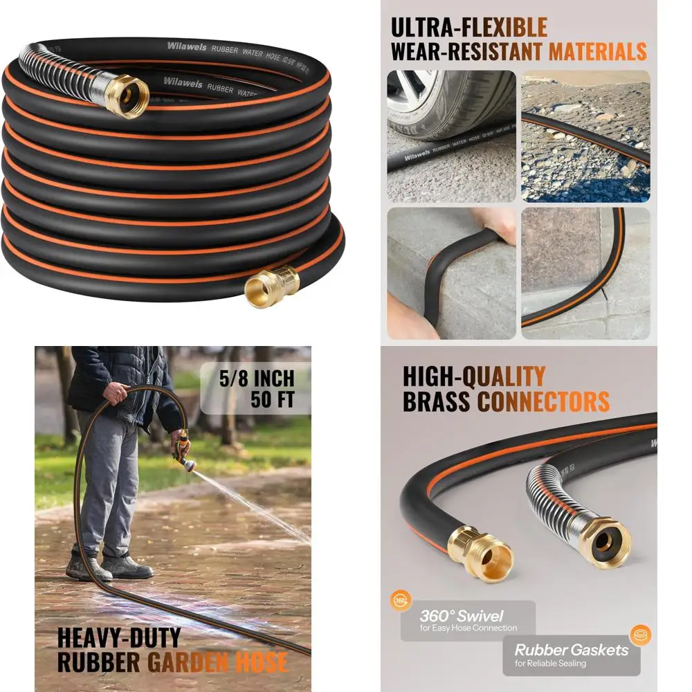 

Heavy-Duty 50-Foot Garden Hose with 300 PSI Working Pressure, 1000 PSI Burst, Swivel Handle and Stainless Steel Nozzle for Outdo