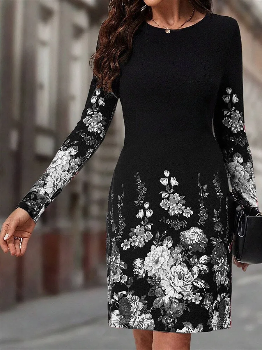 2024 New Autumn Winter Women Dress O Neck Flower Print A-Line Long Sleeve Loose Dress Casual Fashion Elegant Ladies Mini Dresses