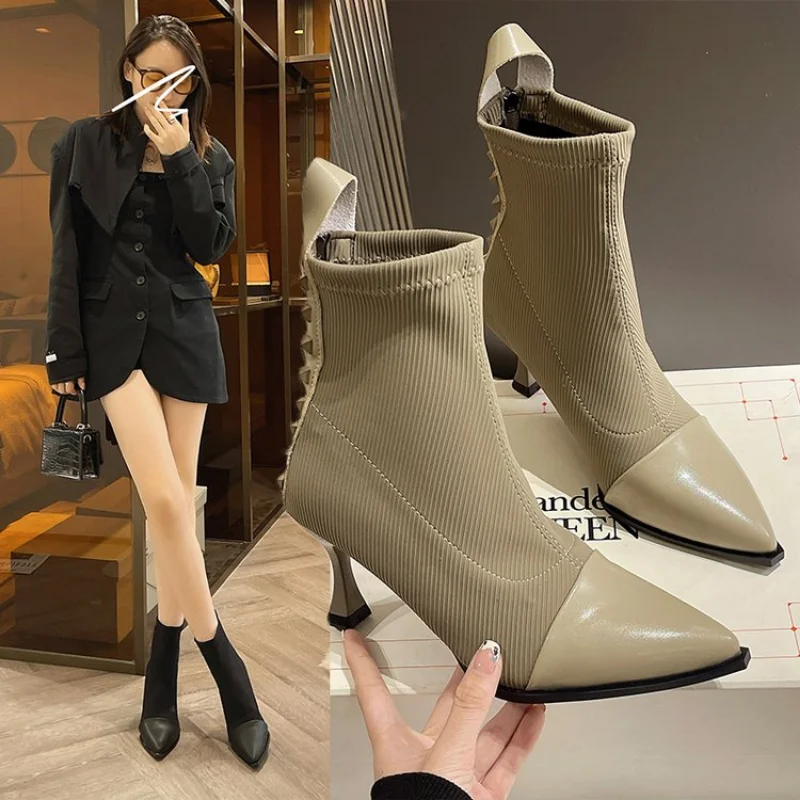 

2022 New Women Boots Autumn Winter Fashion Rivet Woman Mid-Calf Boots Ladies Zipper Shoes Pointed Toe Women Thin Heels Boots