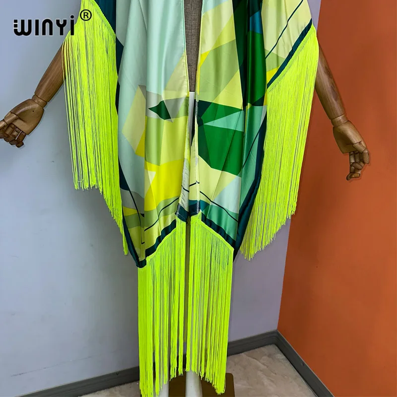 WINYI kimono cover-up nieuwe zomer boho print Bikini Cover-up Elegante mode Vest sexy Vakantie lange Mouw kwastjes maxi jurk