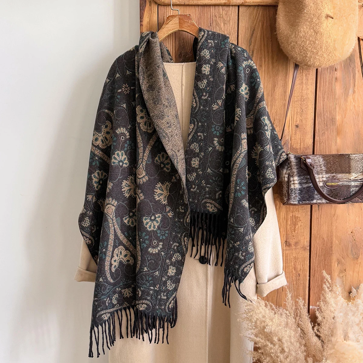 

2025 Luxury Brand Women's Winter Cashmere Scarf - Floral Printed Tasseled Pashmina Shawl Wrap, Bandana & Poncho