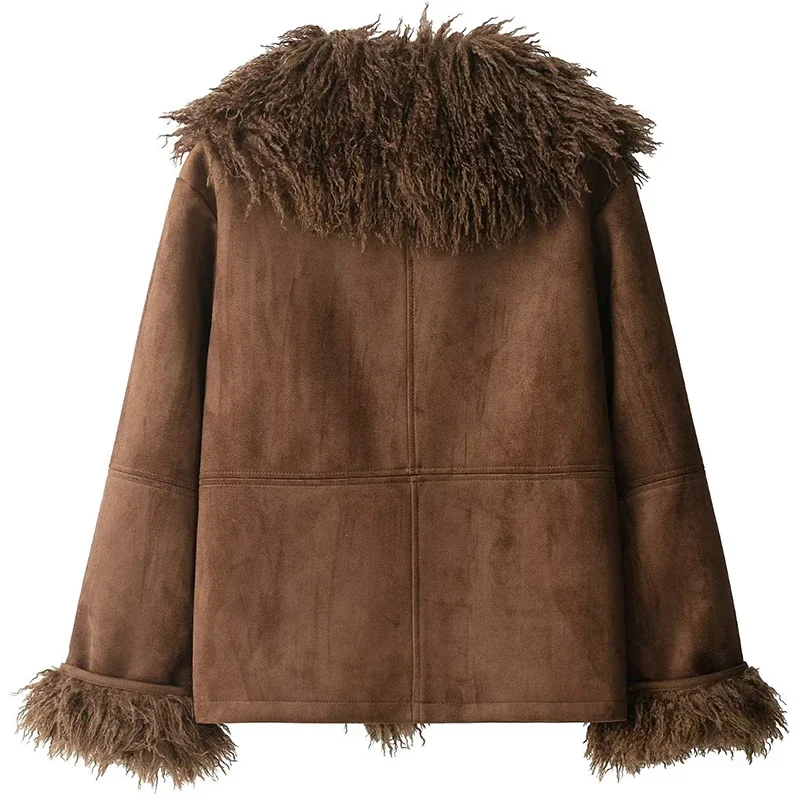 레트로 태슬 스웨이드 가죽 패치워크 여성 코트 패션 긴 소매 솔리드 여성 가디건 가을 겨울 두꺼운 여성 아우터 신상품