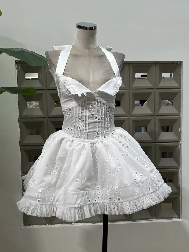 

New Design Halter White Mini Dress Elegant High Quality Embroidery Party Evening Birthday Outfit Luxury Linen Cocktail Dresses