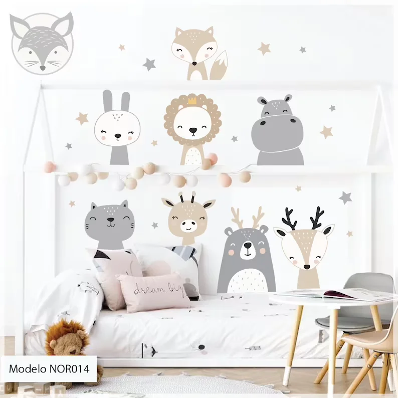 Cute Cartoon Bunny Lion Forest Animals Stars Wall Stickers Bear Deer Wall Decals For Baby Kids Room Nursery Bedroom Murals Decor