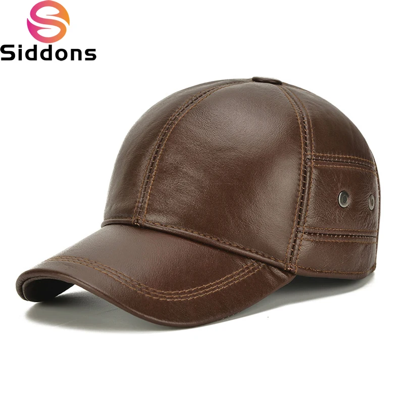 2024 New Style Men Cowhide Hat Winter Warm Outdoor Protect Ear Real Leather Adjustable Baseball Cap Men Real Cowhide Leather Cap