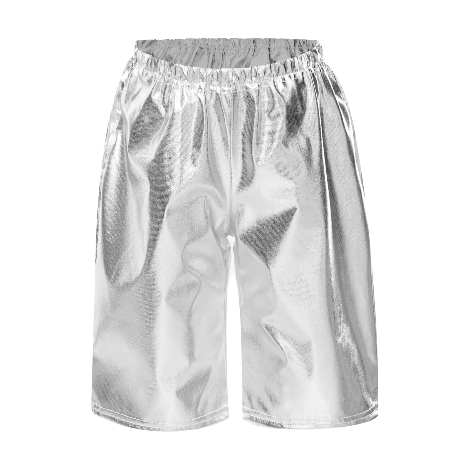 

Kids Girls Boys Knee Length Shorts Performance Costumes Metallic Shiny Elastic Waistband Half Pants for Jazz Dance School Show