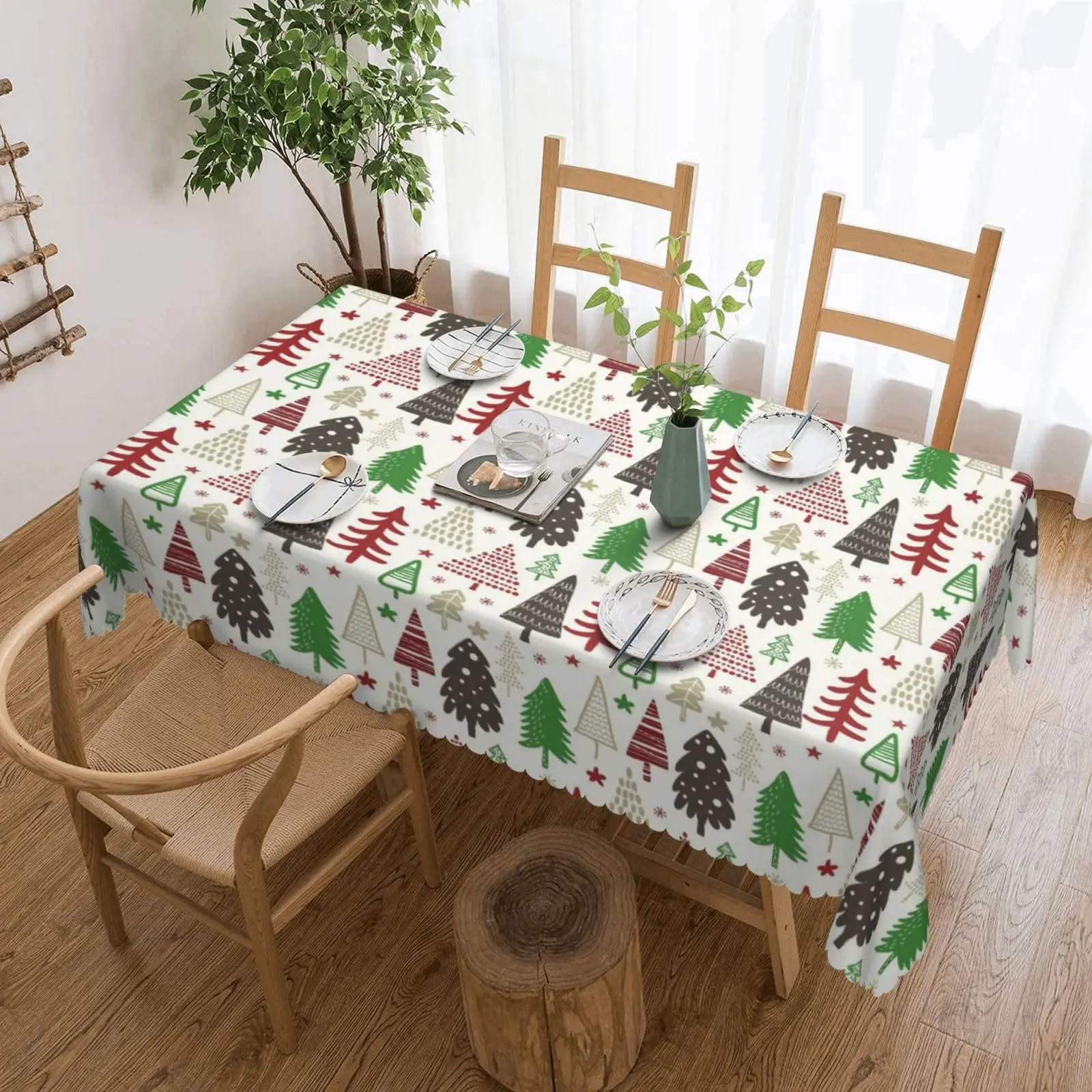 Tree Rectangular Tablecloth, Snow Snowflakes Wavy  Border Polyester Table Cloth for Dining, Kitchen, Parties