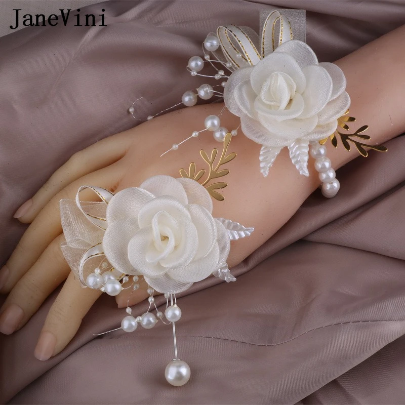 JaneVini Ivory Rose Wedding Bride Groom Boutinniere Mariage Pour Homme Bridesmaid Groomsman Wrist Corsage Men Suits Brooches New