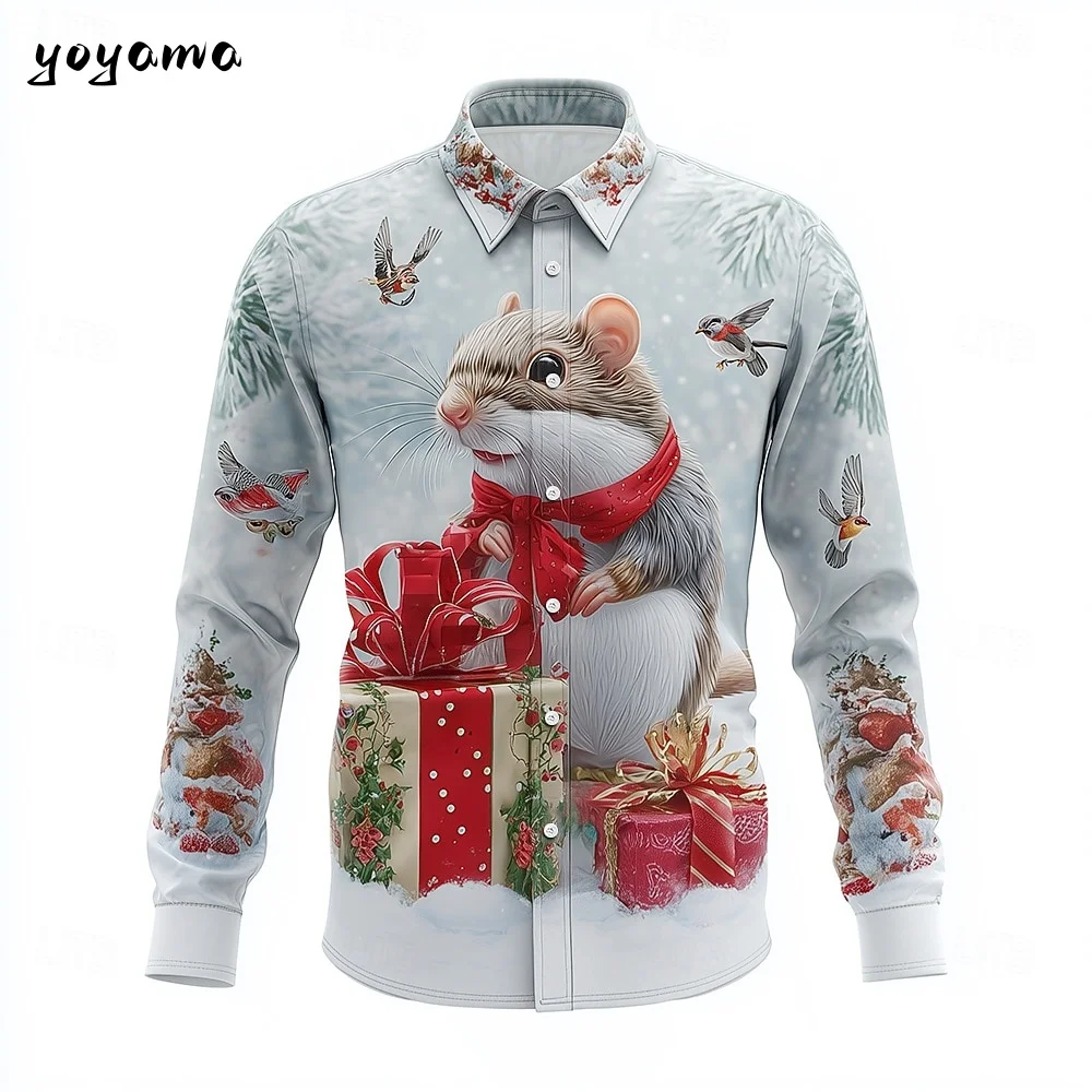 2025 Christmas Theme Men's Snowflake Christmas Animal Printed Shirt Button up Shirt Casual Long Sleeve Shirt Street Men's Shirts