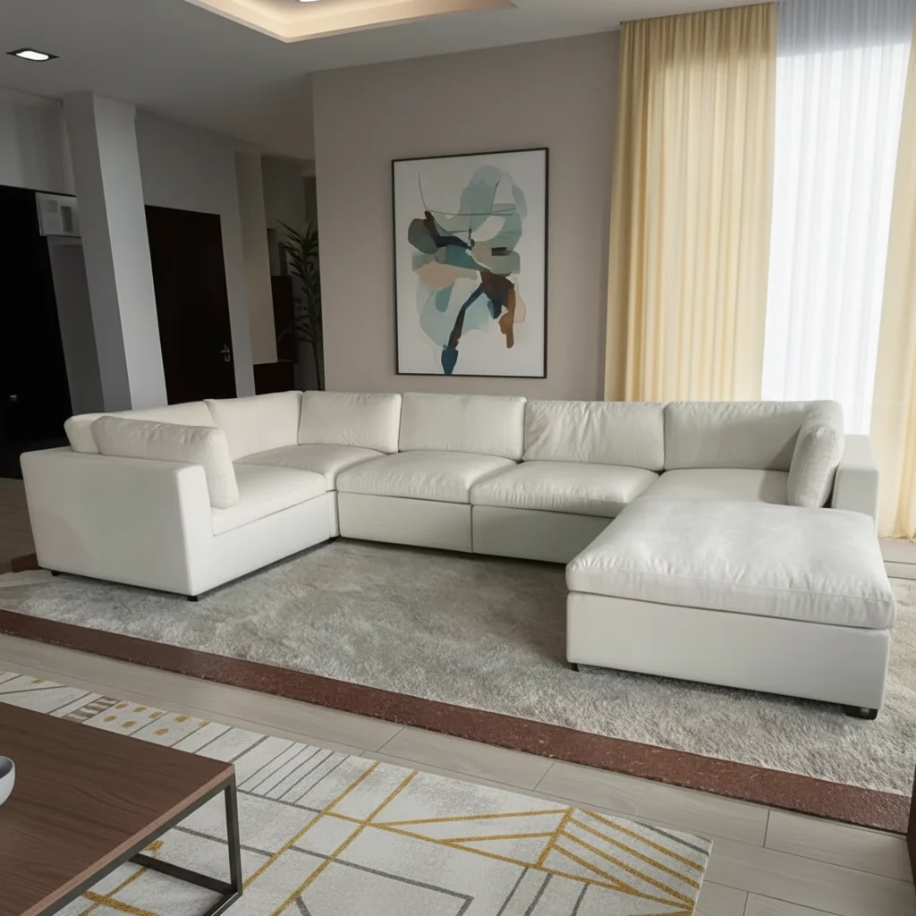 Coofull Sofaloud-Shaped Sofa French Cream Style with Vacuum Compressed Linen Fabric Chinese Straight-Line for Living Room