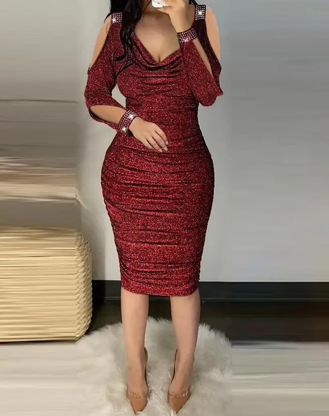 

Women's Versatile Sparkle Ruched Dress Rhinestone Accent and Cold-Shoulder Fashionable Dress
