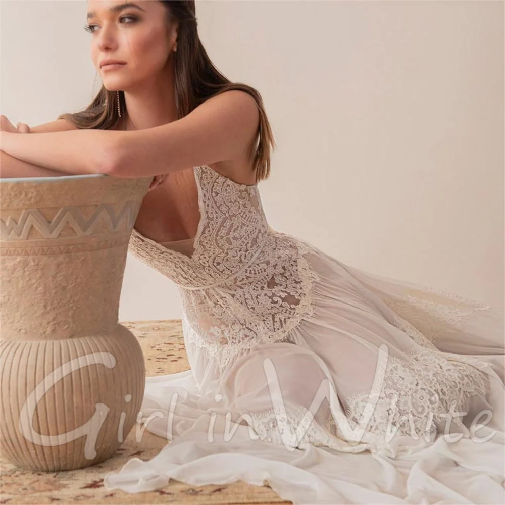 الدانتيل البوهيمي طول الأرض شاطئ بوهو ألف خط فستان الزفاف المخصص مع العميق الخامس الرقبة novia فيستدو الزفاف زي العرائس مثير