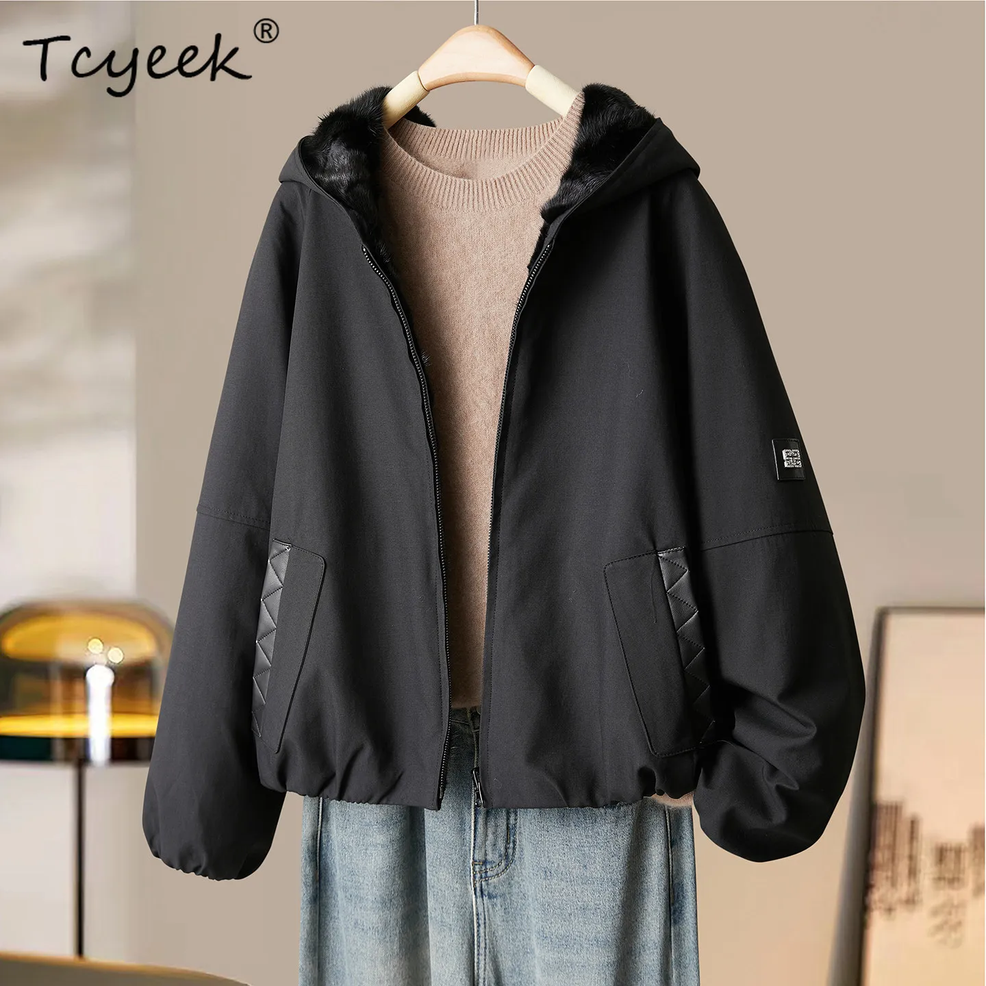 Tcyeek 럭셔리 밍크 퍼 코트 여성 겨울 의류 리얼 퍼 재킷 따뜻한 여성 코트 신상 아우터웨어 여성 밍크 퍼 코트