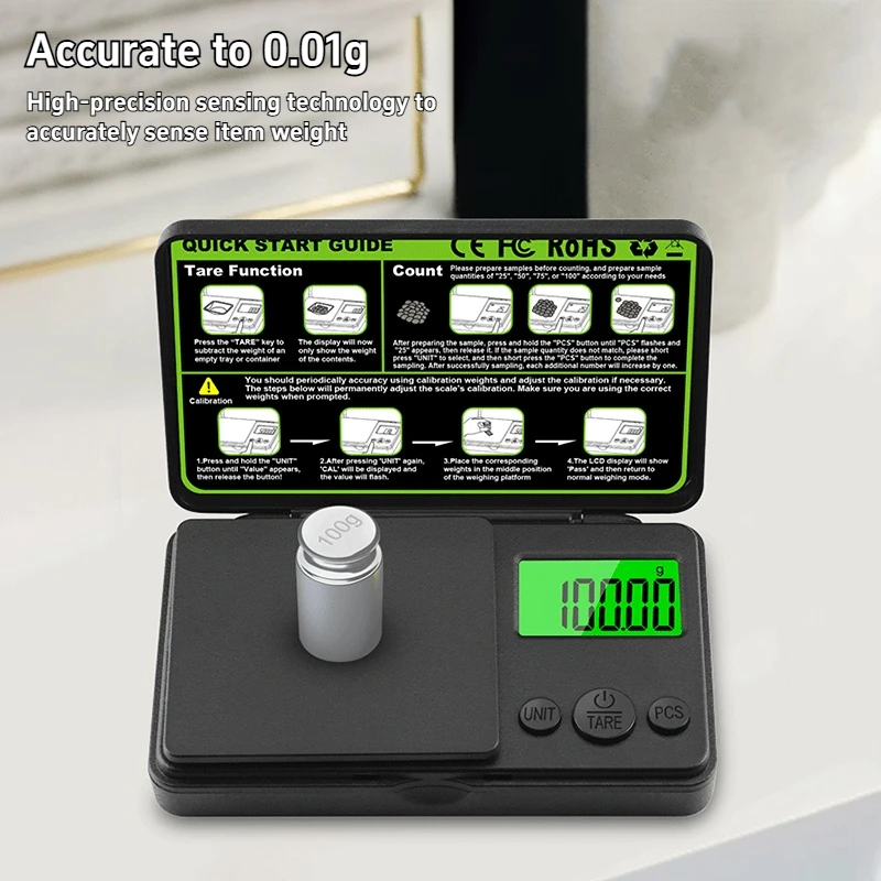 ميزان إلكتروني محمول 0.01 جرام، ميزان وزن جرام ذهبي، ميزان جيب دقيق مع ميزان مطبخ صغير بإضاءة خلفية LCD #3