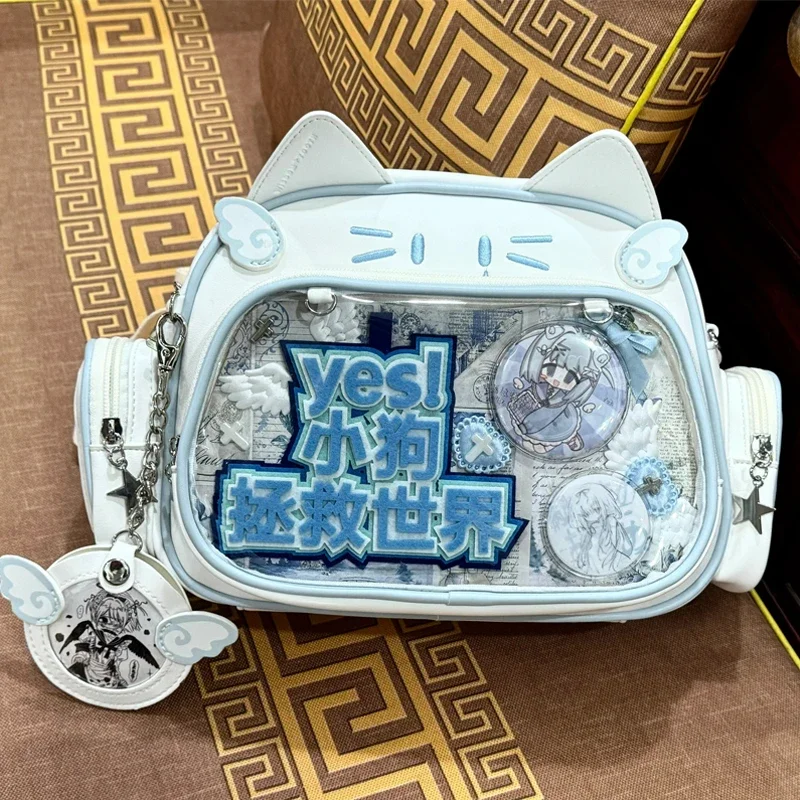 For Women White Backpacks Y2K Korean Japan Kawaii Cat Ita Bag PU Cute Girls Transparent Pocket Aesthetic Shoulder Crossbody Bags