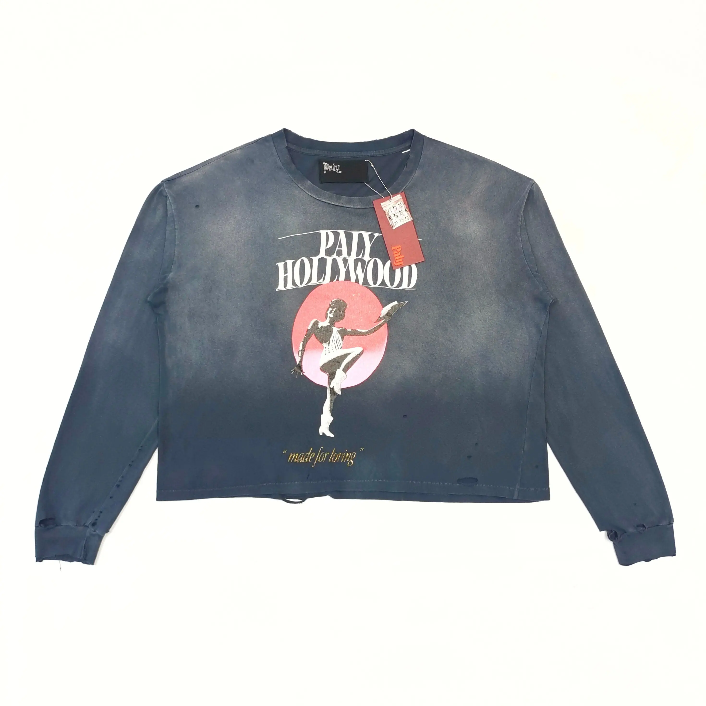 Paly hollywood blake letter print washed old ripped long sleeve t-shirt