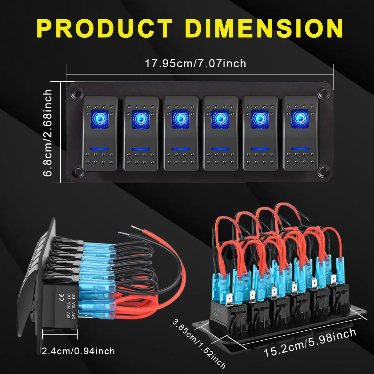 6 Gang Aluminum Rocker Switch Panel Toggle Dash 5 Pin ON/Off Pre-Wired Rocker Switch Blue Backlit Switch for Automotive Car Mari