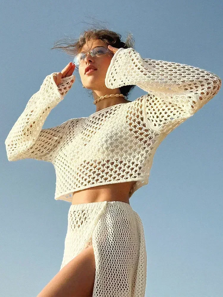 

2025 Summer Sexy Beach Top Slit Short Skirt Cut Out Set Women One Neck Bell Sleeve Loose 2 Piece Seaside Swimsuit Cover Up K101