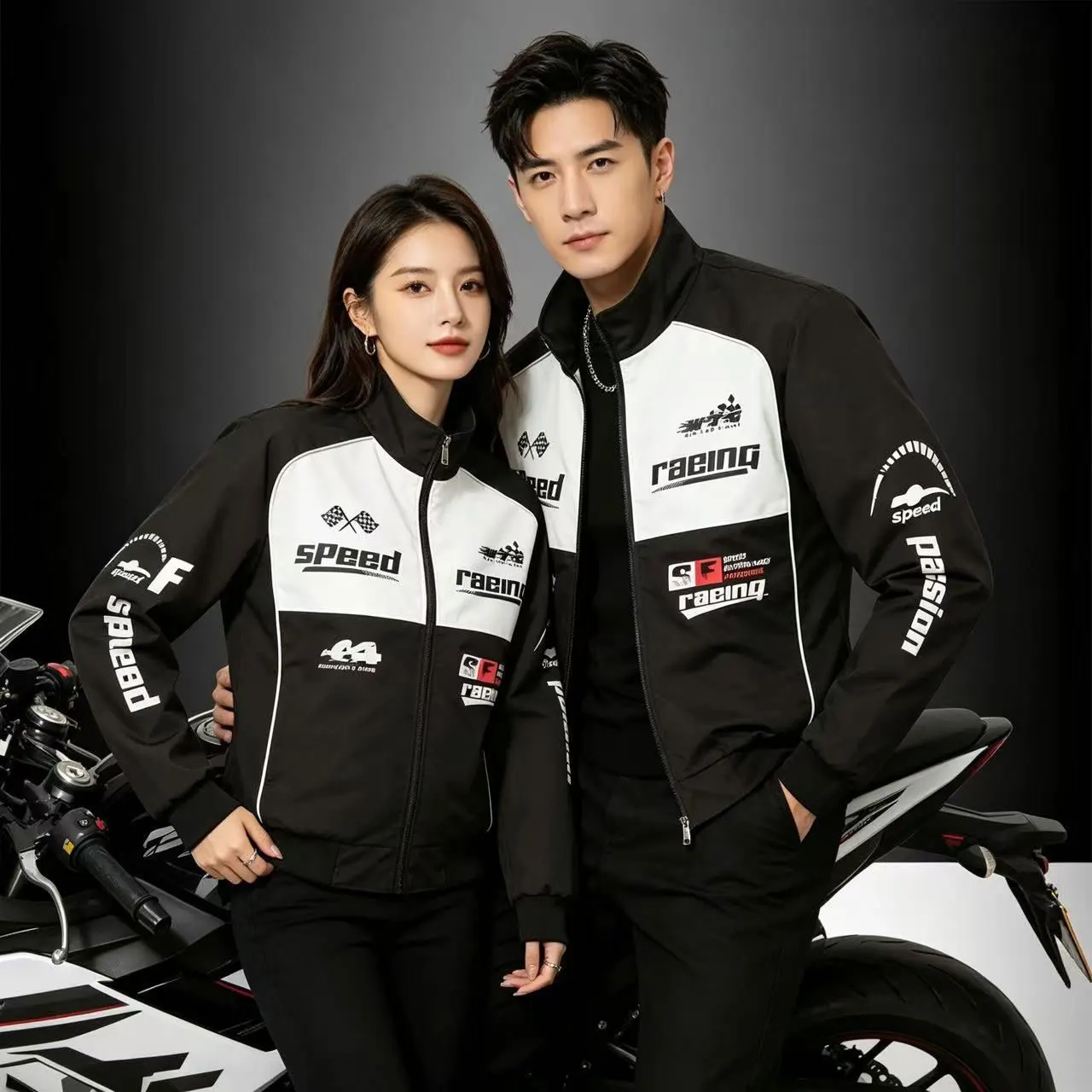 Couple Racing Jacket Men's and Women's Black and White Stand Collar Windproof Motorcycle Jacket Spring and Autumn Zipper Jacket