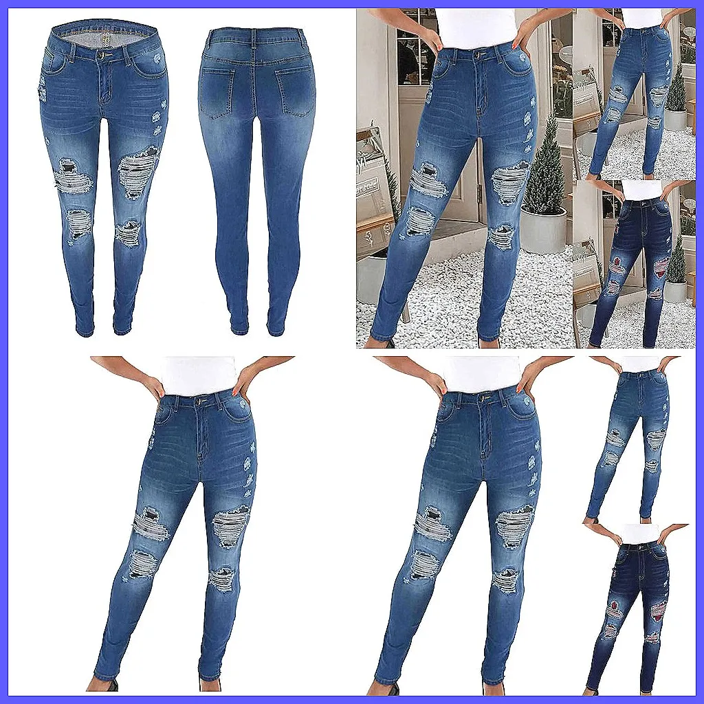 Vintage High Waisted Skinny Jeans for Women, Ripped Hole Stretch Denim Pencil Pants