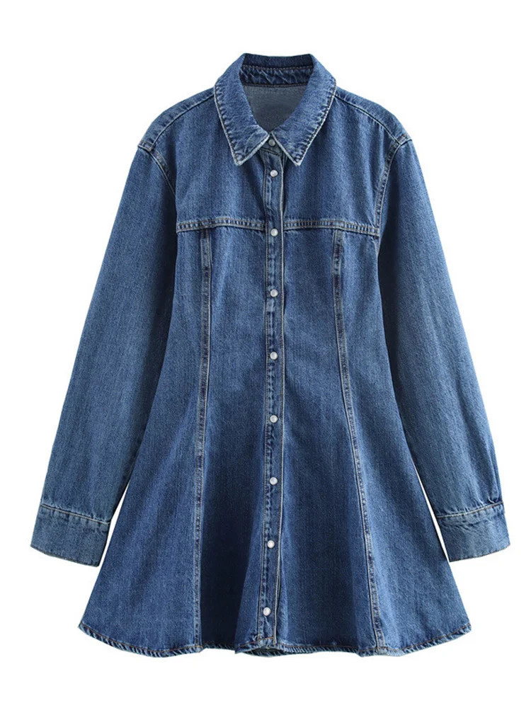 Mulheres denim camisa vestido lapela a linha cinching cintura jeans saias single-breasted mangas compridas lavado vestido angustiado 2025