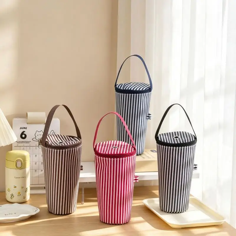 1Pcs Striped Thermal Tumbler Carry Bag with Handle Insulated Lining Portable Cup Pouch for Commuting Travel