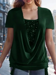 Stylish Sequin Top Women's Solid Color O Neck Short Sleeved Office Lady Summer Elegant Work Shirt