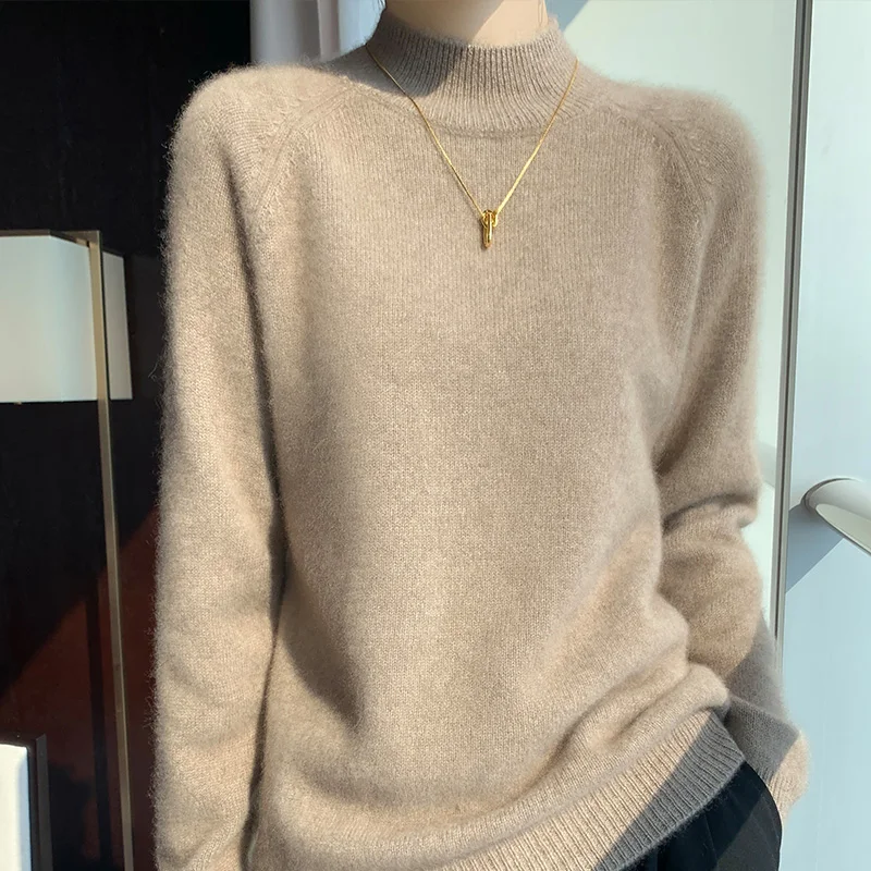 Women\'s Clothing Autumn Winter New 100% Merino Wool Sweater Thickened Half High Neck Pullover Casual Fashion Knitted Warm Tops