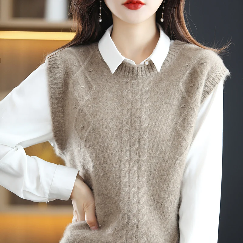 Spring 100% Wool Sweater Vest Women Sleeveless O-Neck Knitted Vest Female Solid Color Casual Pullover Loose Large Size Tank Tops