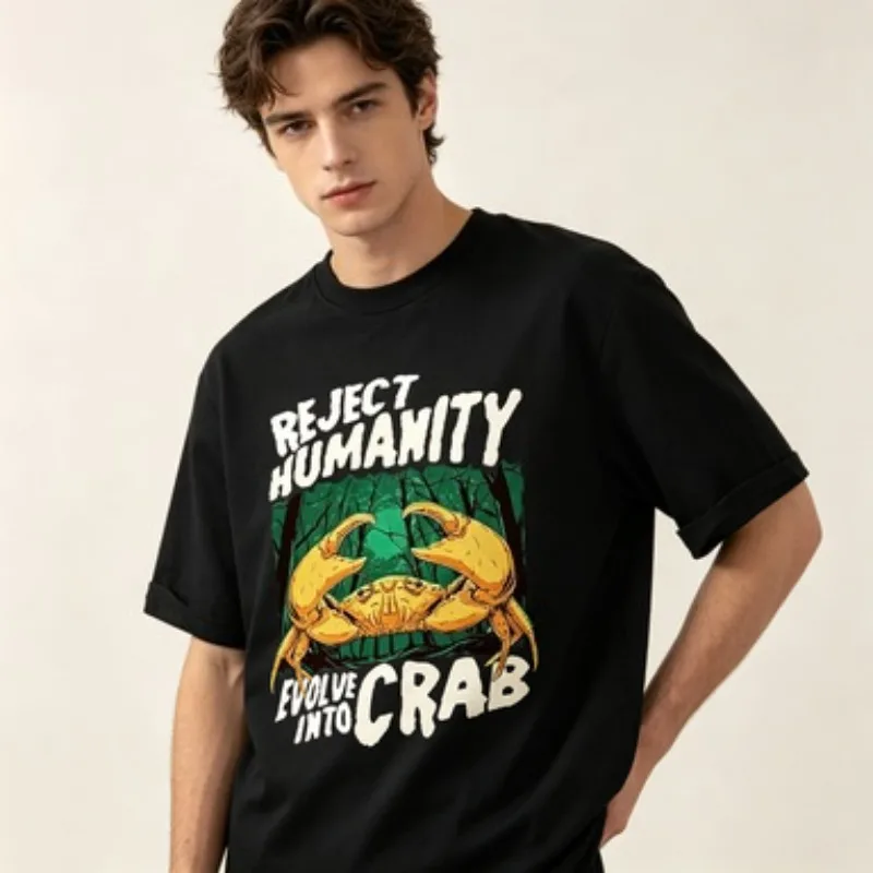T-shirt vintage à imprimé crabe forestier, avec slogan « Rejeter l'humanité, évoluer en crabe », décontracté, coupe ample, manches courtes, en coton