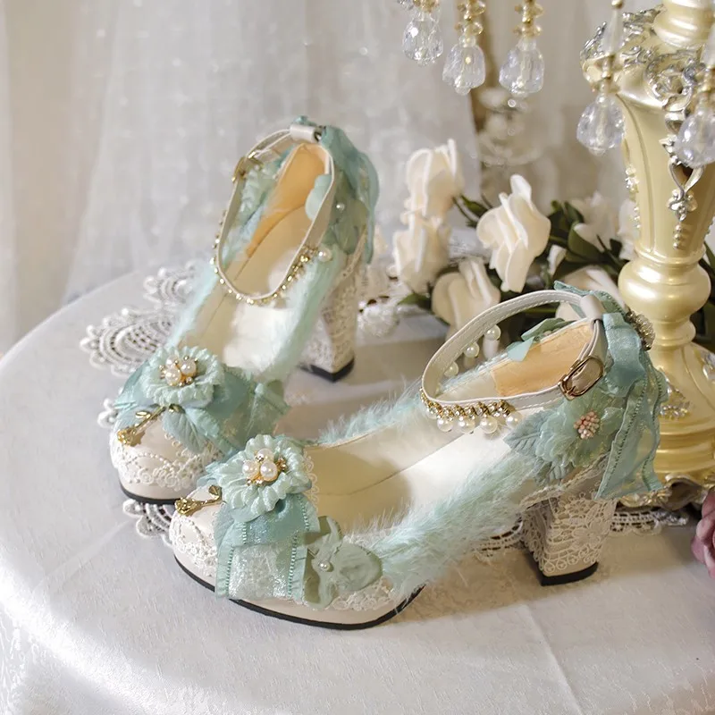 

Hand made flower wedding tea heels if grass color matching shoes