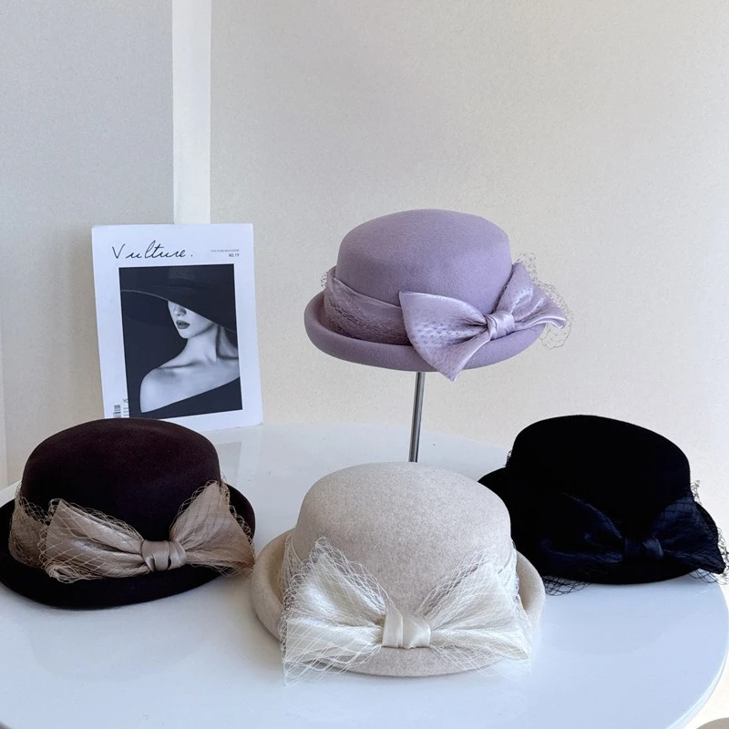 

Маленькая ароматная шерстяная шапка Hepburn, осенне-зимняя простая элегантная рыбацкая шапка с бантом, женский банкетный цилиндр