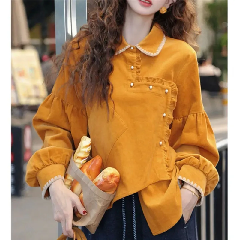 

Spring Autumn Lady Solid Color Shirts Jacket French Women High End Long Sleeve Shirts Tops Female Design Sense Loose Blouse Coat