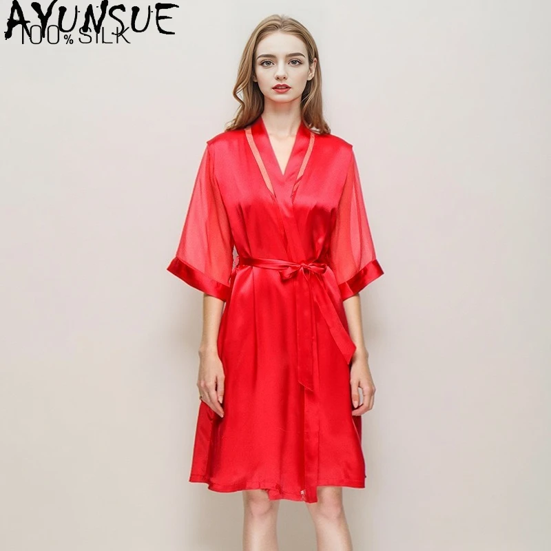 

AYUNSUE 100% Натуральный Шелковый Халат из Тутового Шелкопряда для Женщин, Весна-Лето 2026, Домашняя Одежда, Шелковый Халат 19ММ на Шнуровке