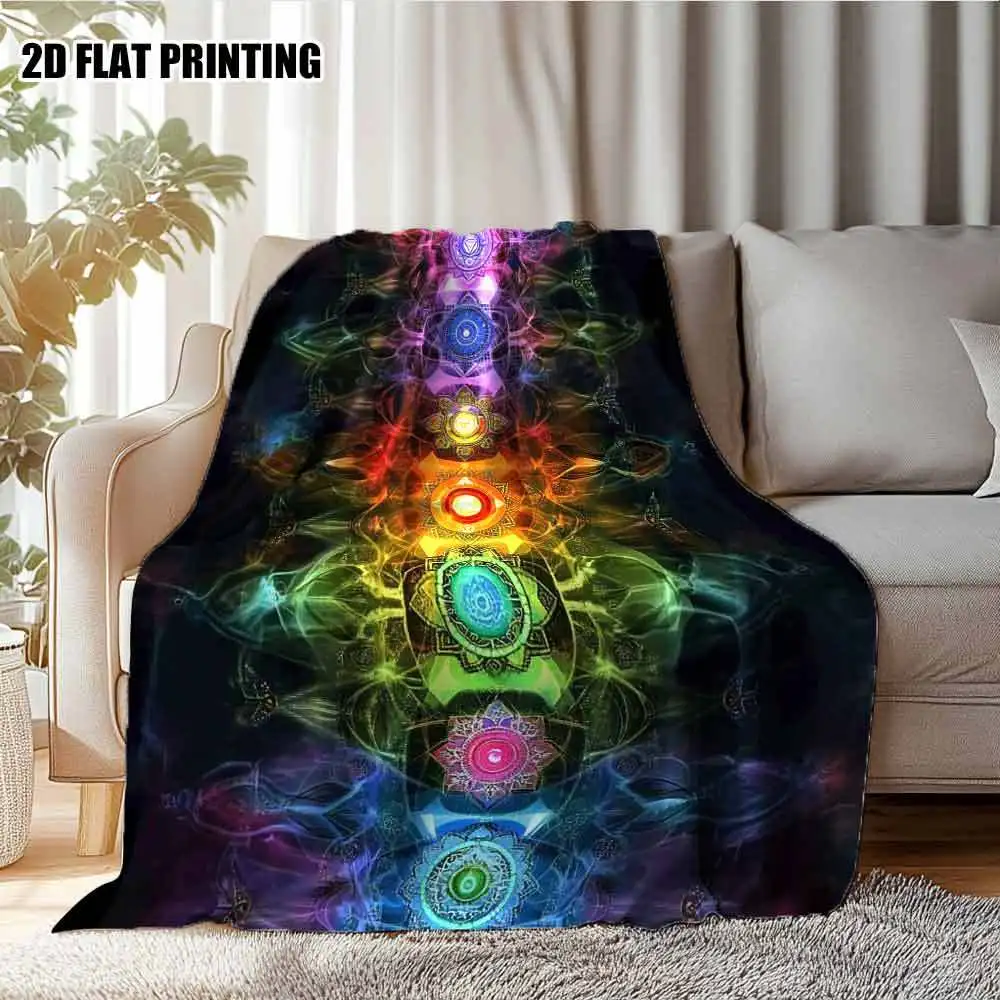 Rainbow Seven Chakra Mandala Lotus Print Flannel Throw Blanket, Light Cozy Couch Cover, Spiritual Decor Gift Yoga Lovers Bedroom