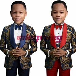 Suit Boys Gold Print Jacket Pant Vest Bow Tie Four Pack Wedding Formal Tuxedo High Quality Blazer for Kids