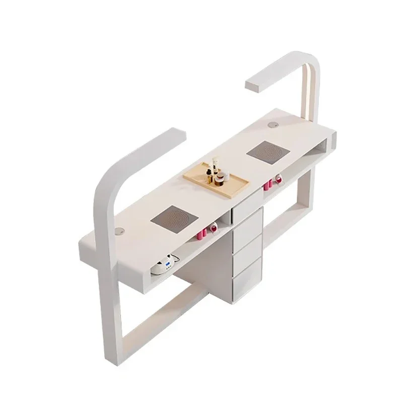 Cream Dust Collector Manicure Table With Lamp French Beauty Storage Nail Table Minimalist Aesthetic Table Ongle Salon Furniture