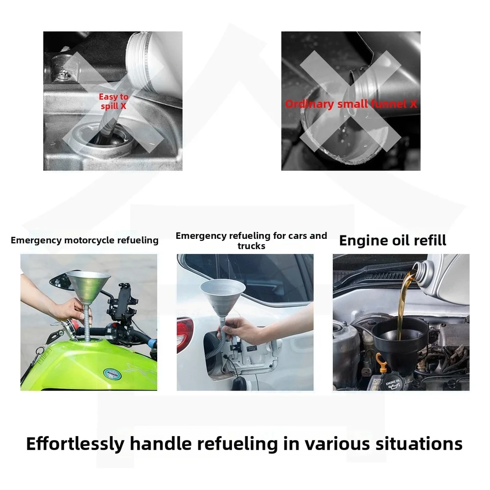 Iron Funnel for Oil and Fuel Transfer with Filtered Funnel Head and Flexible Hose for Workshop Garage and Mobile Service Use