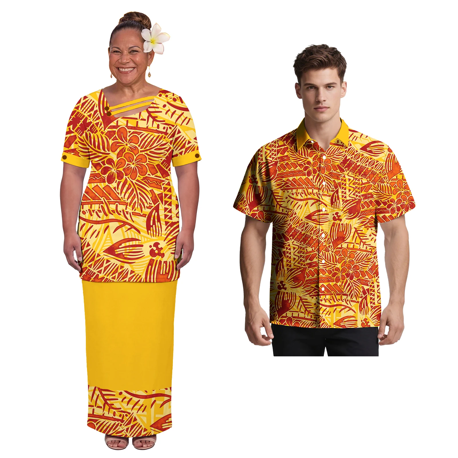 Latest Design Polynesian Women Asymmetric Neckline Puletasi Dress Men Beach Casual Shirts Samoan Church Matching Couple Outfits