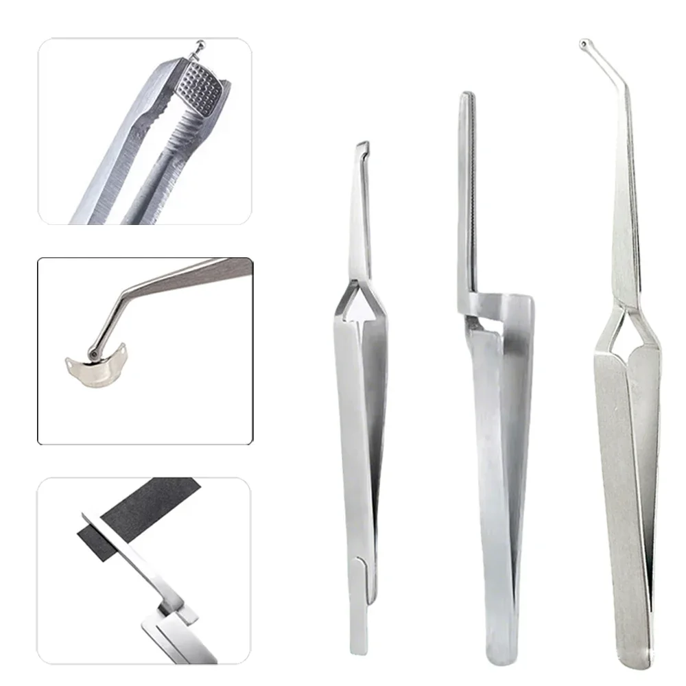 Conjunto ortodôntico: pinças de suporte, tubo bucal e colocadores de botões linguais, ferramentas de ligação, suporte de papel articulado