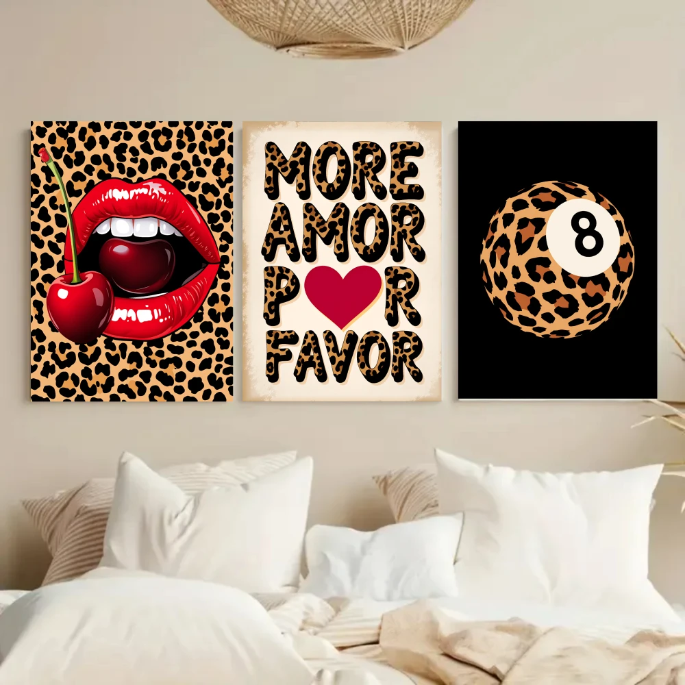 Framed Canvas Wall Art Set Red Lips Cherry Leopard Print with 