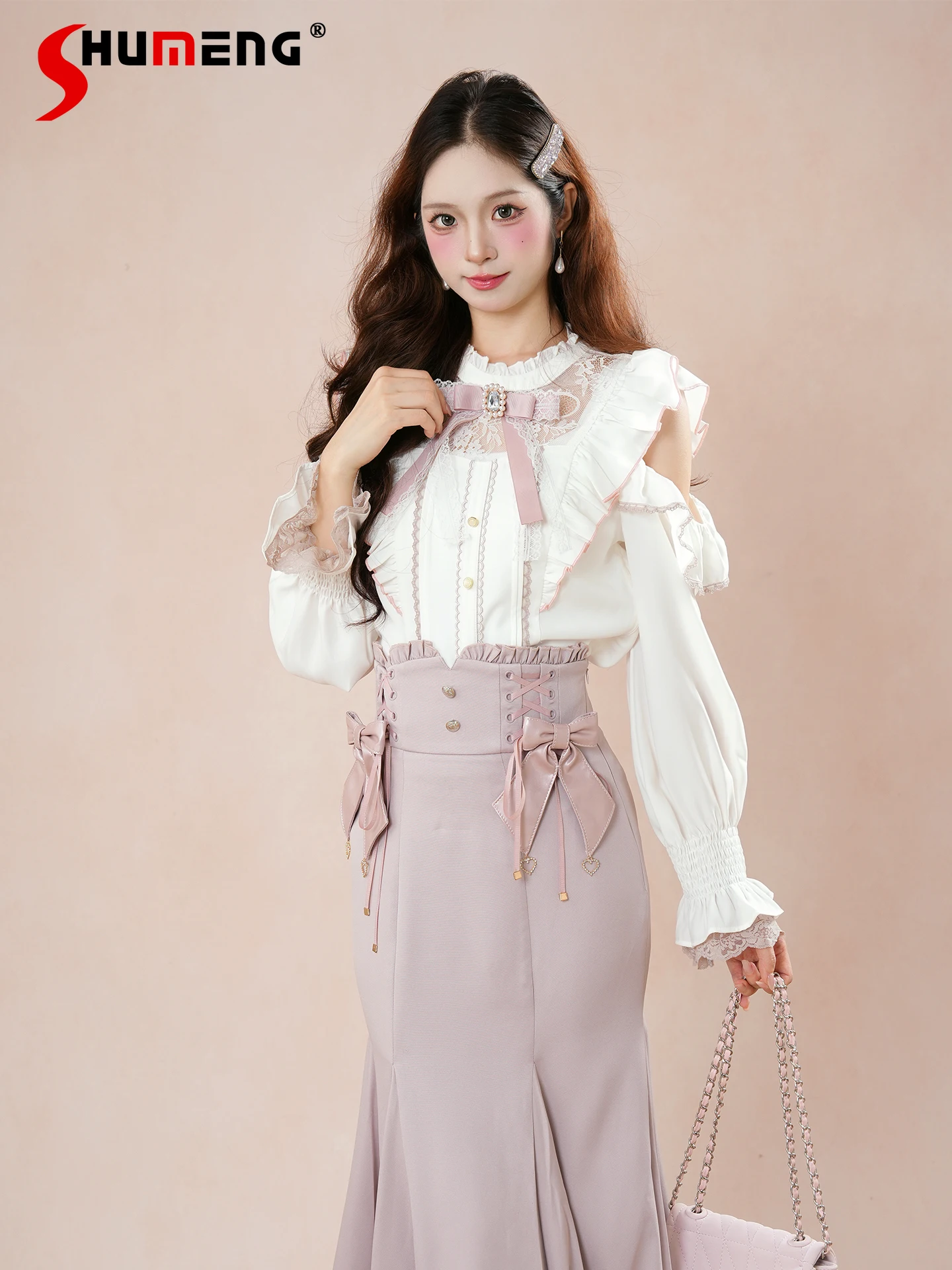 النمط الياباني أنيقة الحلو خارج الكتف قمصان طويلة الأكمام عالية الخصر القوس طويل ذيل السمكة التنانير قطعتين مجموعات للنساء الخريف #1