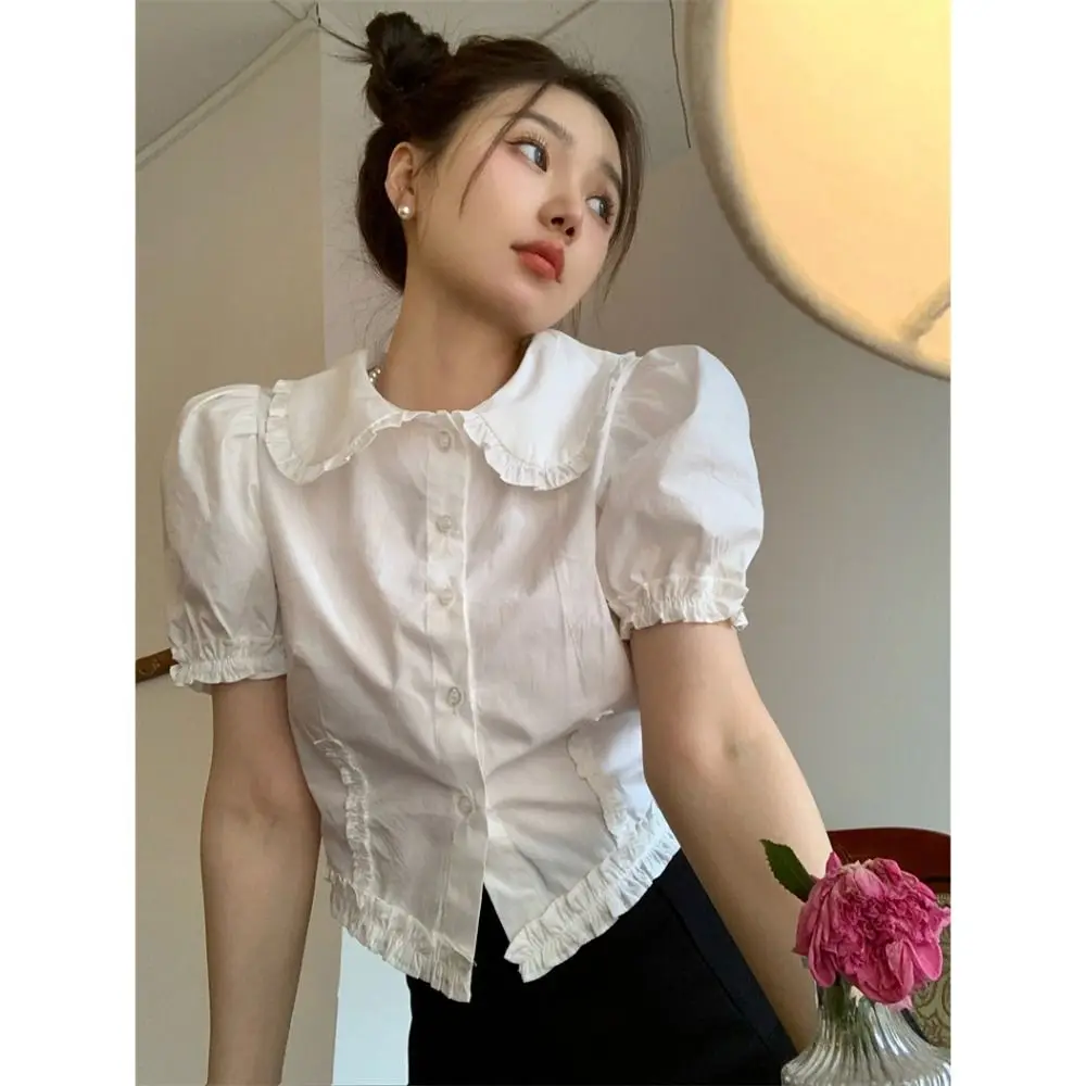 French Style Ruffle Blouse Cute Spring Summer Shourt Sleeves Work Blouses Lapel White Shirt For Women Girl