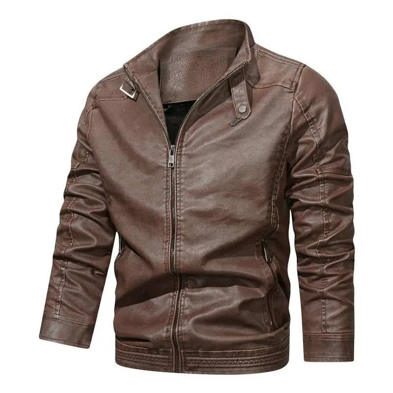 Men's PU Leather Jacket Coat Winter Stand Collar Slim Motorcycle Clothing Warm Fashionable