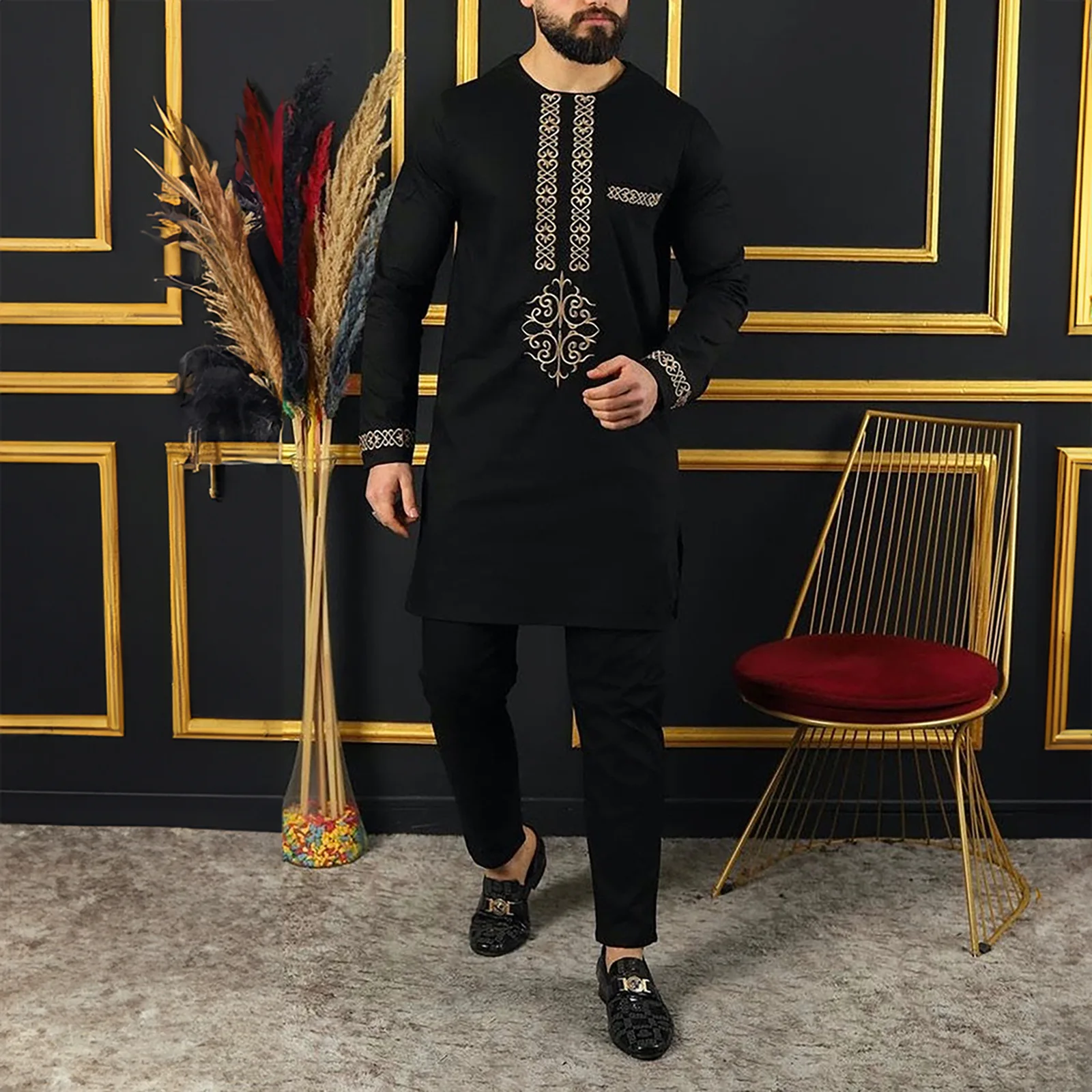 

2023 New Popular Set Ethnic Style Solid Color Casual Men's Set