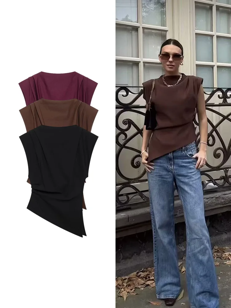 

TRAF Women's Pleated Decorative Shoulder Padded Tops New Fashion High Street Sleeveless Inner Tops Elegant Temperament Women's